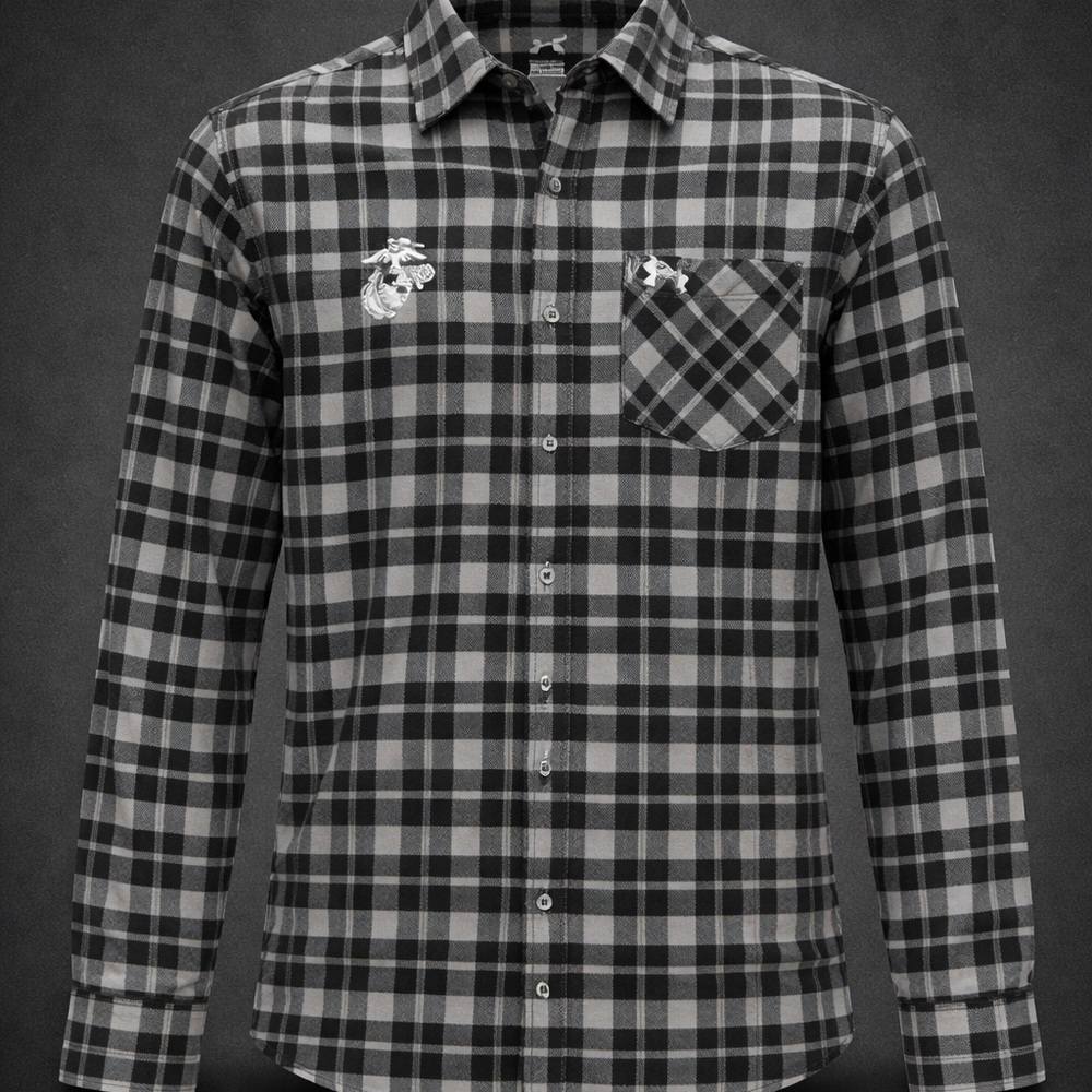 Under Armour Plaid Button Down Shirt USMC Marines Logo Gray Black Men’s Large